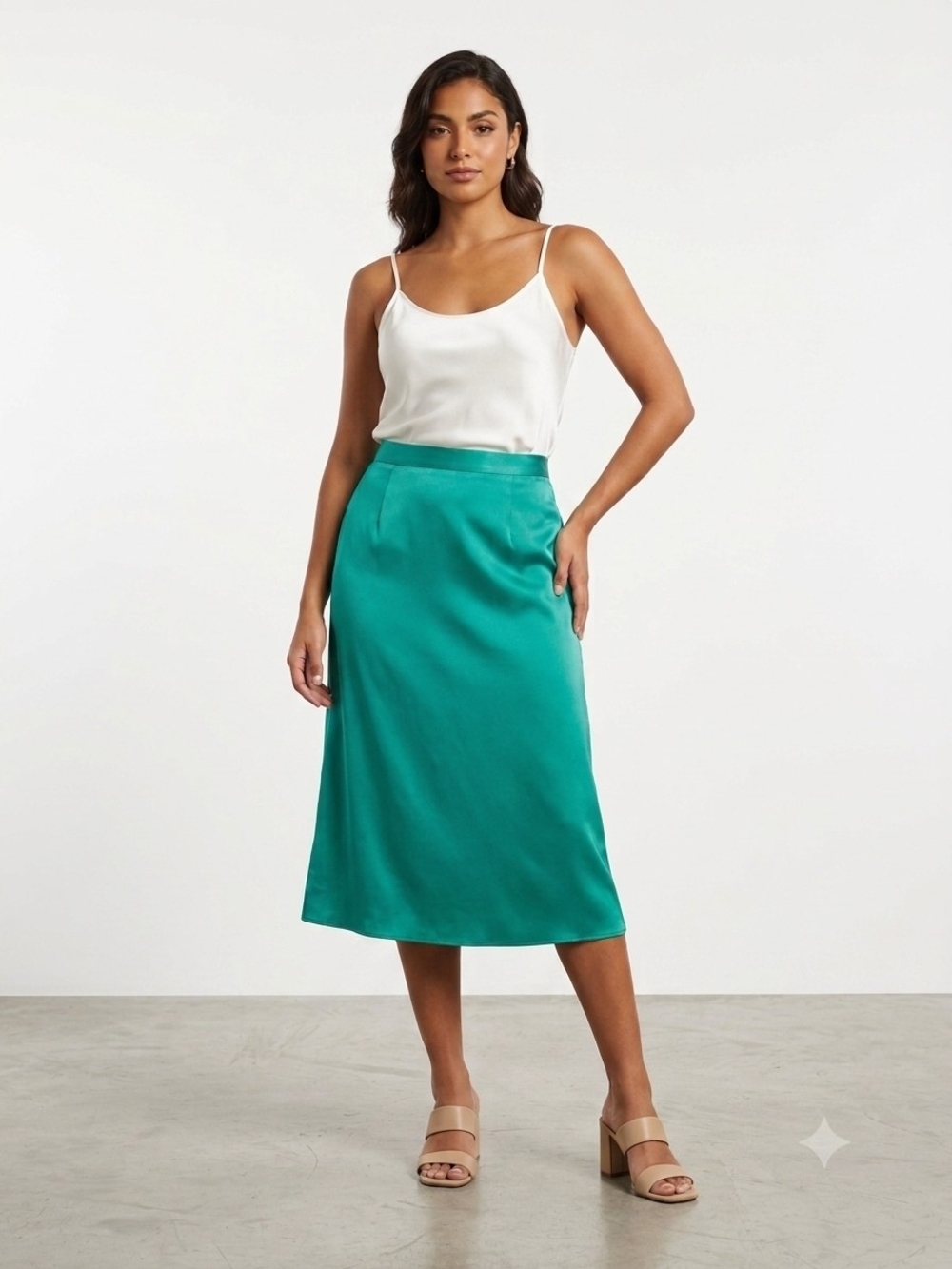 100% Silk Vintage Oscar de la Renta  Studio Teal Satin Midi Skirt